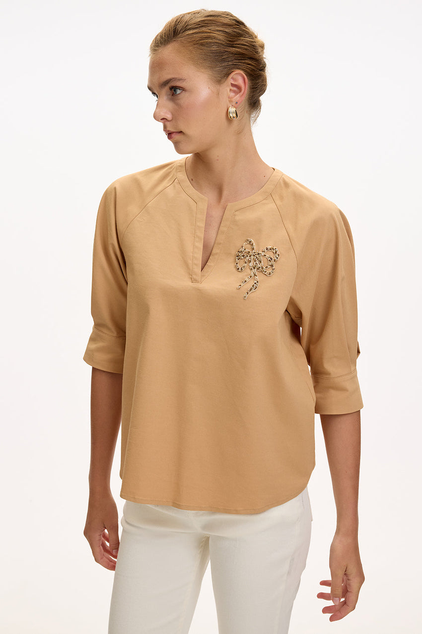 V Neck Short Sleeve Blouse - CAMEL