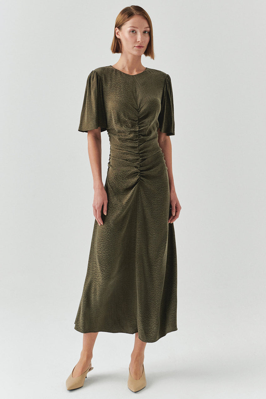 Kylee Khaki Short Sleeve Draped Dress