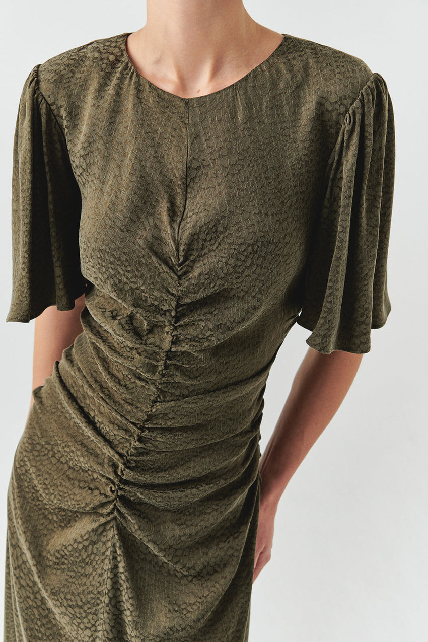 Kylee Khaki Short Sleeve Draped Dress