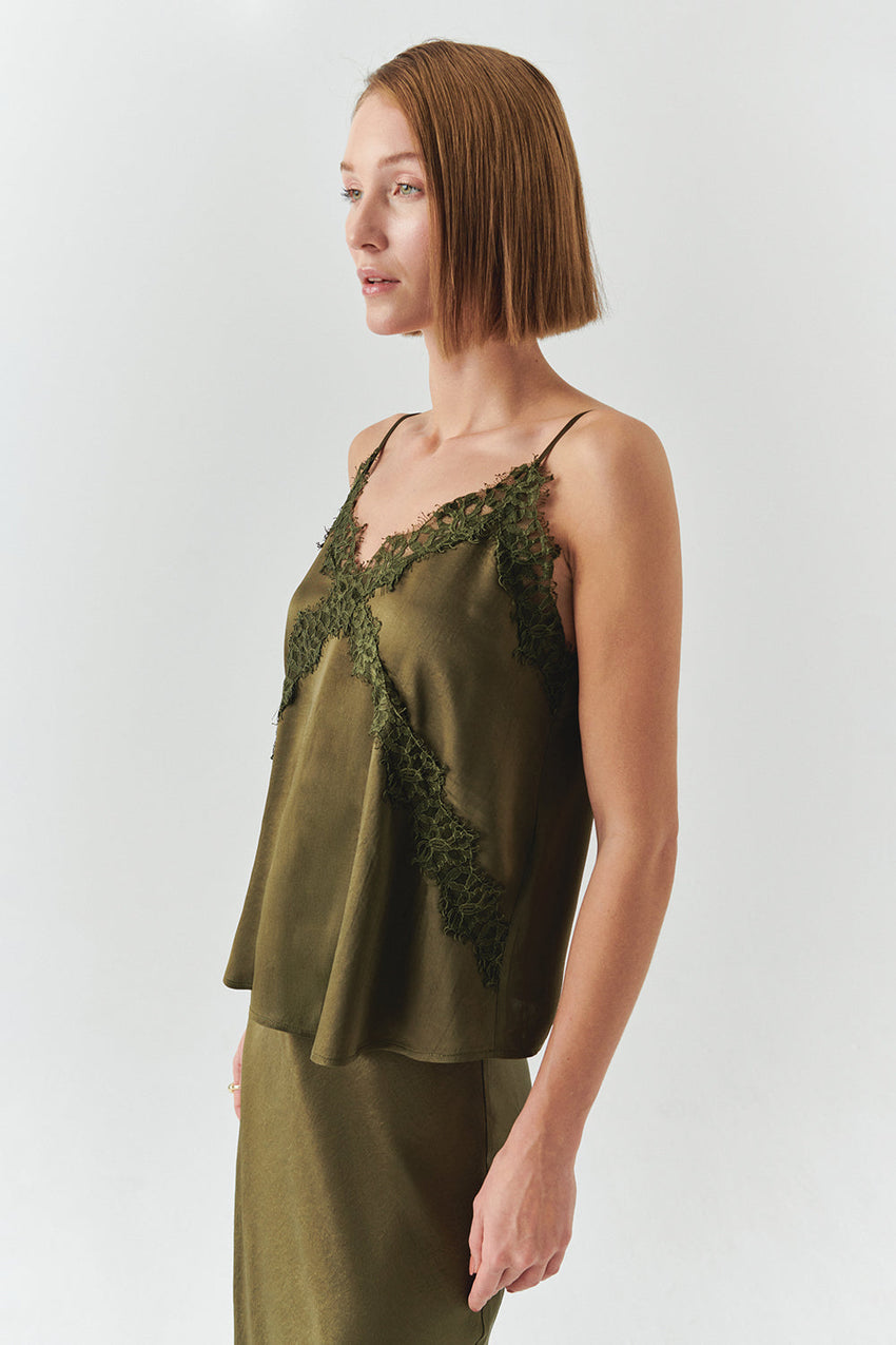 Hana Khaki V-Neck Camisole with Lace Detail