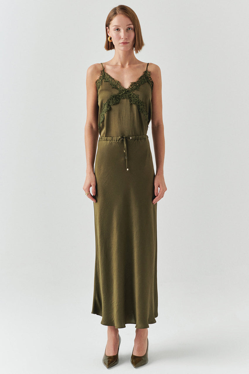 Liv Khaki Pocketed Midi Skirt