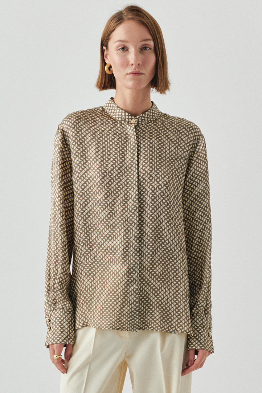 Louise Multi-Color Printed Viscose Shirt with High Neck and Long Sleeves