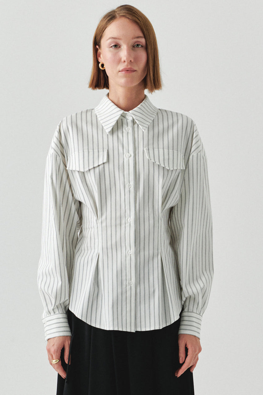 Striped Long Sleeve Slim Fit White Shirt White Black