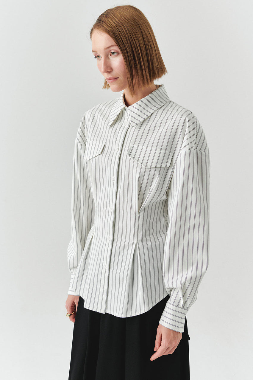 Striped Long Sleeve Slim Fit White Shirt White Black