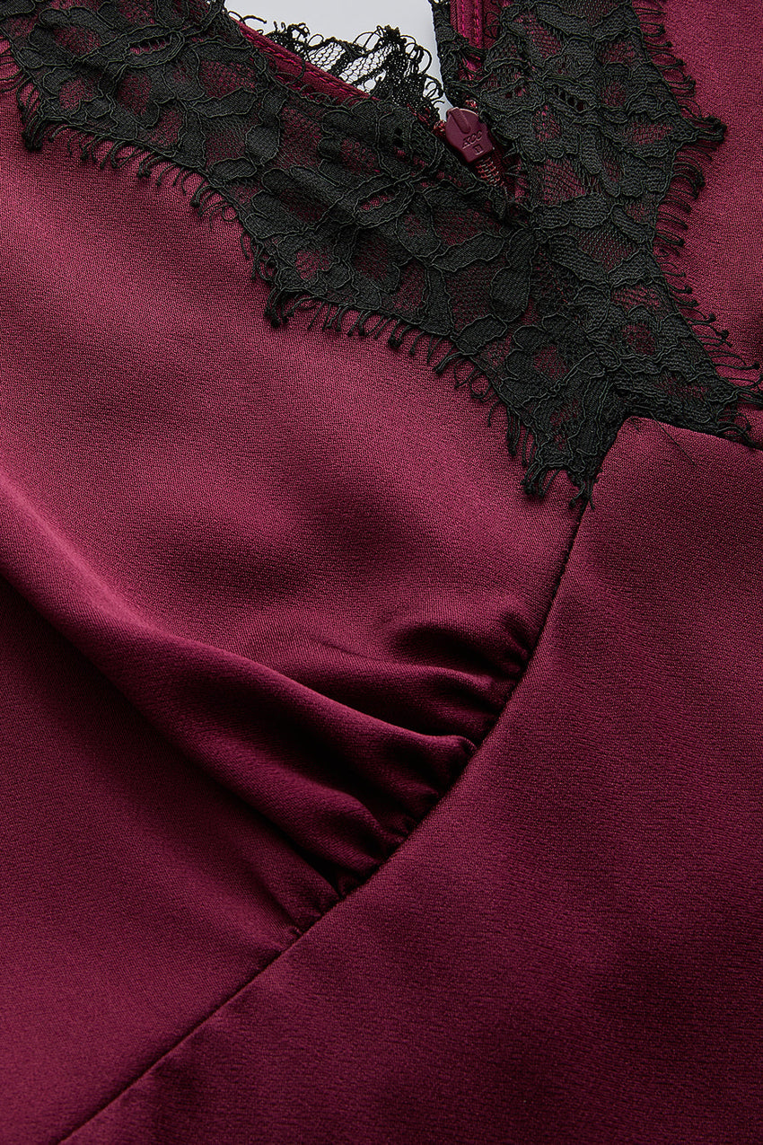 Lace Collar Detailed Regular Satin Midi Cherry Dress Cherry
