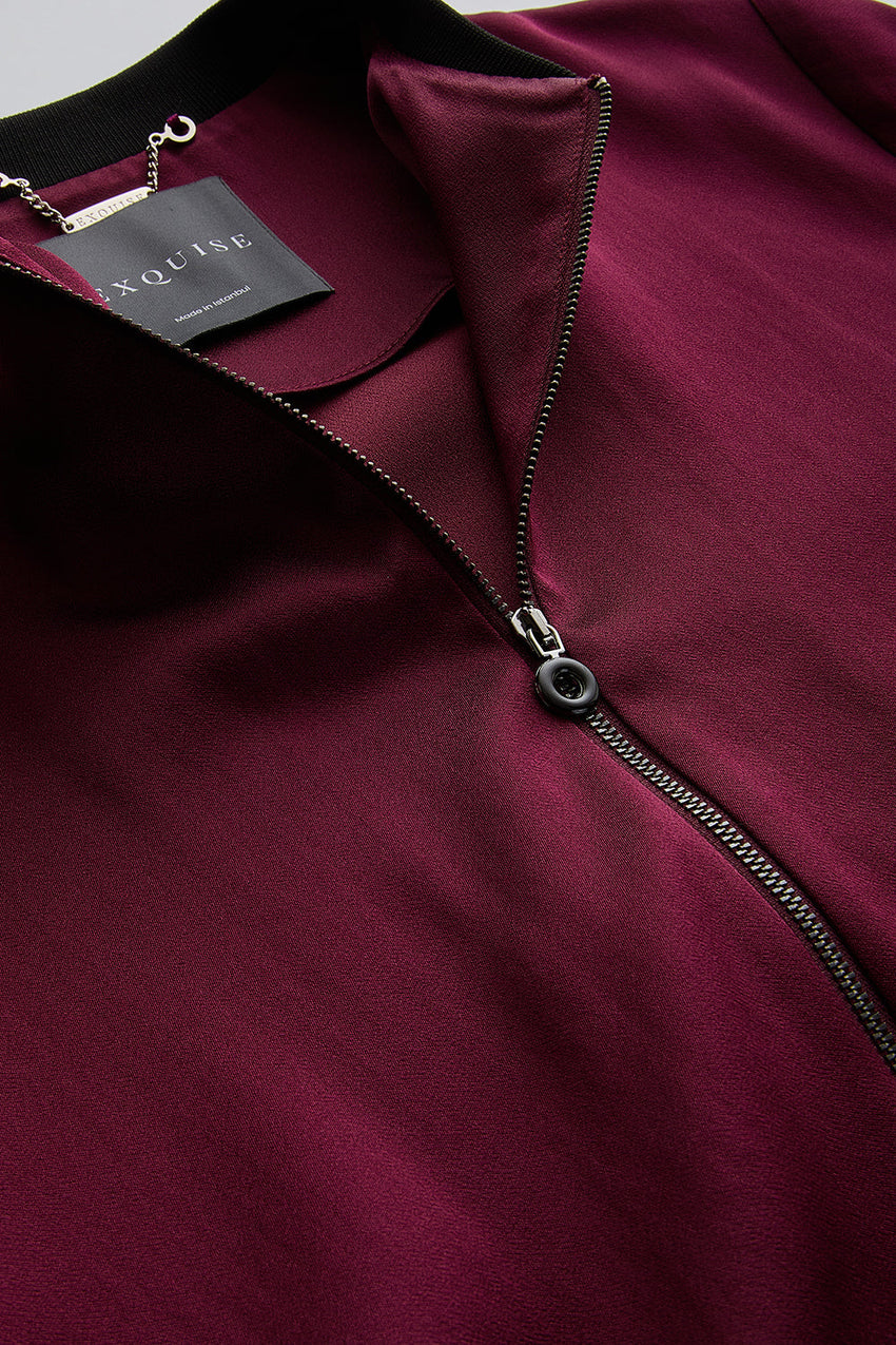 Lacey Satin Bomber-Style Crew Neck Jacket with Pockets
