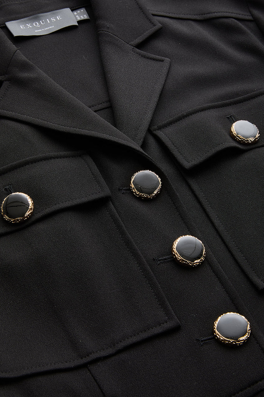 Emmalyn Black Long Sleeve Shirt Collar Jumpsuit with Pockets