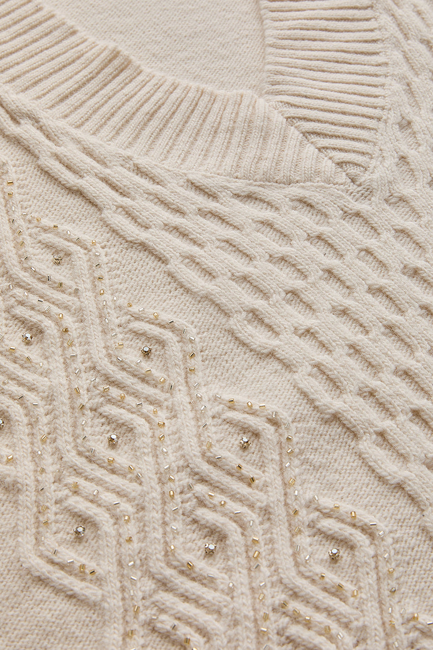 Adoria Cream V-Neck Cable Knit Sweater