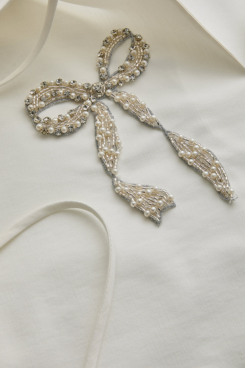 Long Sleeve Bow Embroidered Shirt Collar Oversize Blouse Bone