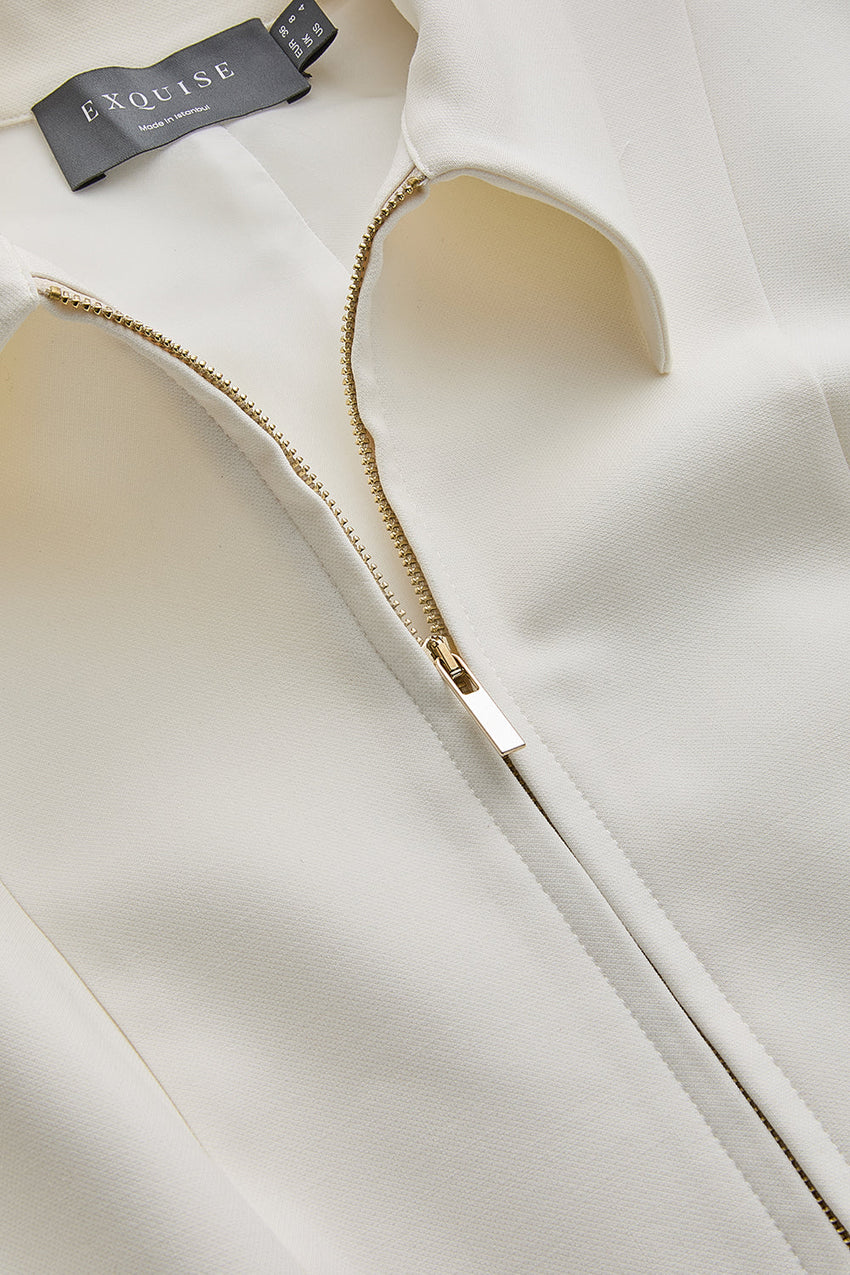 Valery Cream Short Sleeve Shirt Collar Jumpsuit with Pockets