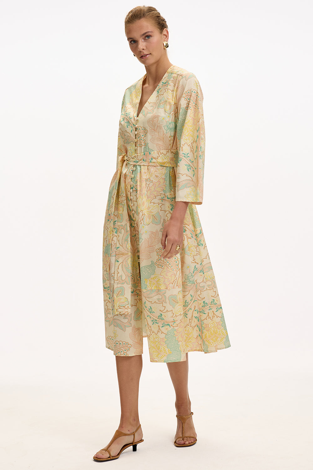 V Neck Long Sleeve Midi Dress - MULTI COLOR