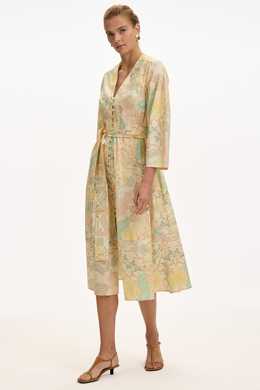 V Neck Long Sleeve Midi Dress - MULTI COLOR