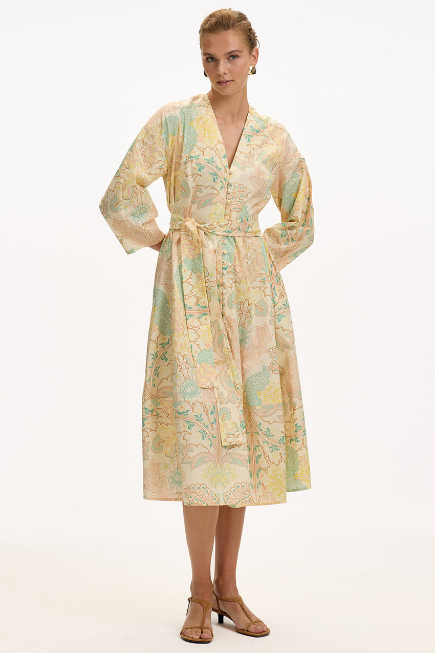 V Neck Long Sleeve Midi Dress - MULTI COLOR