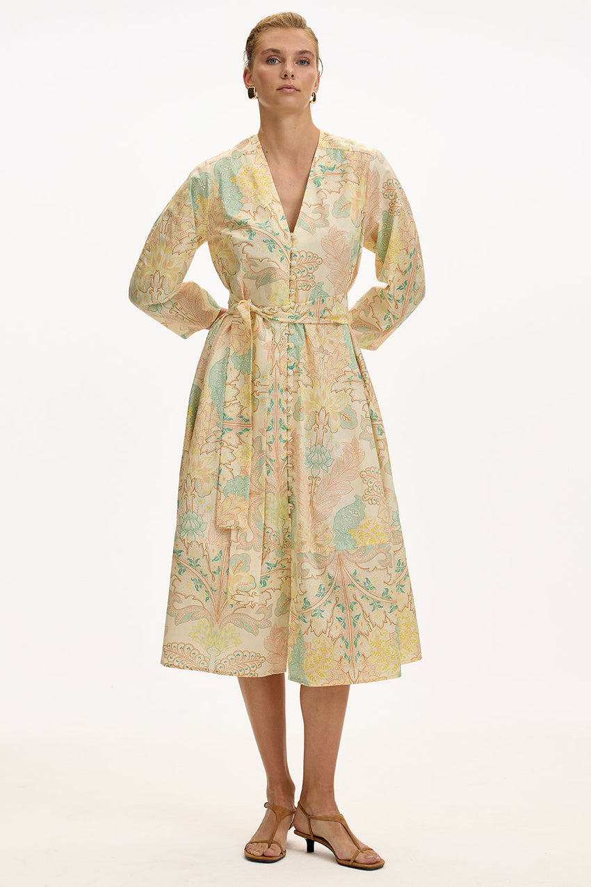 V Neck Long Sleeve Midi Dress - MULTI COLOR