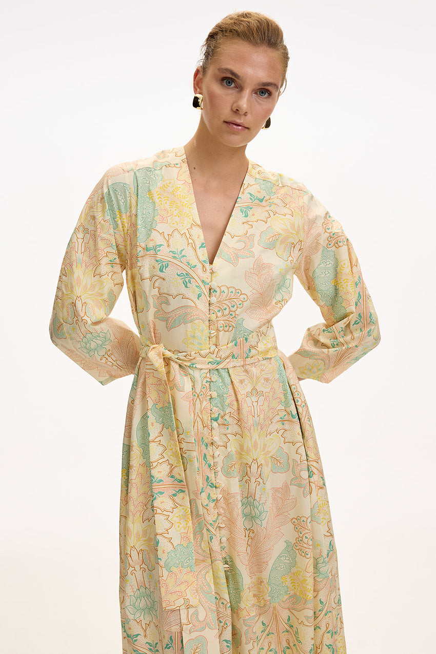V Neck Long Sleeve Midi Dress - MULTI COLOR