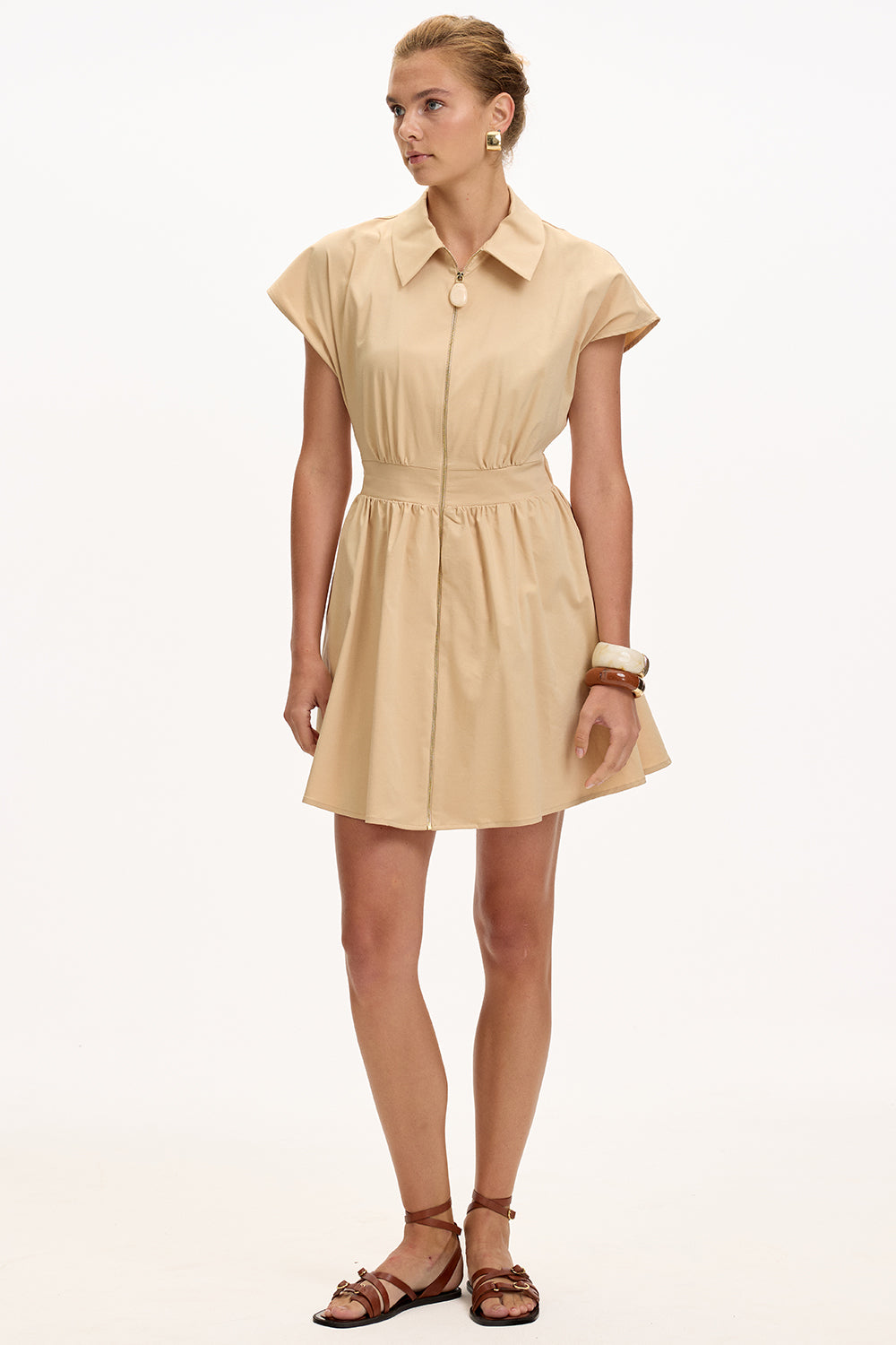 Elastic Waist Midi Dress - BEIGE