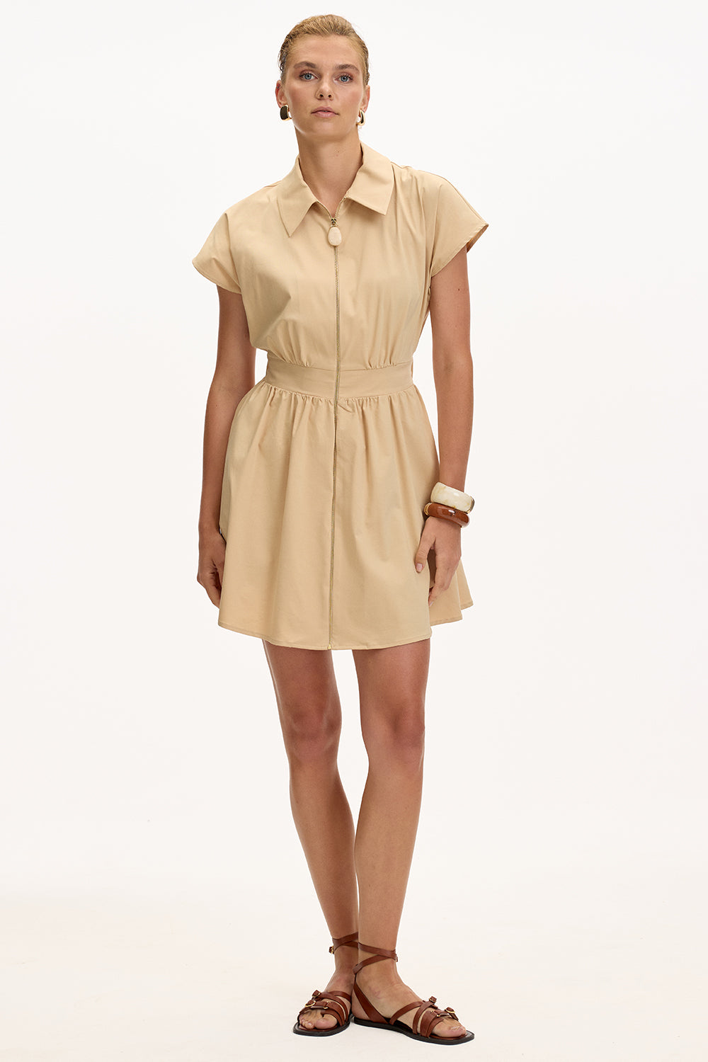 Elastic Waist Midi Dress - BEIGE