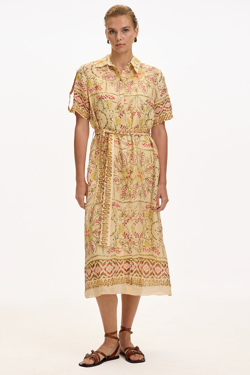 Shirt Short Sleeve Belted Midi Dress - MULTI COLOR