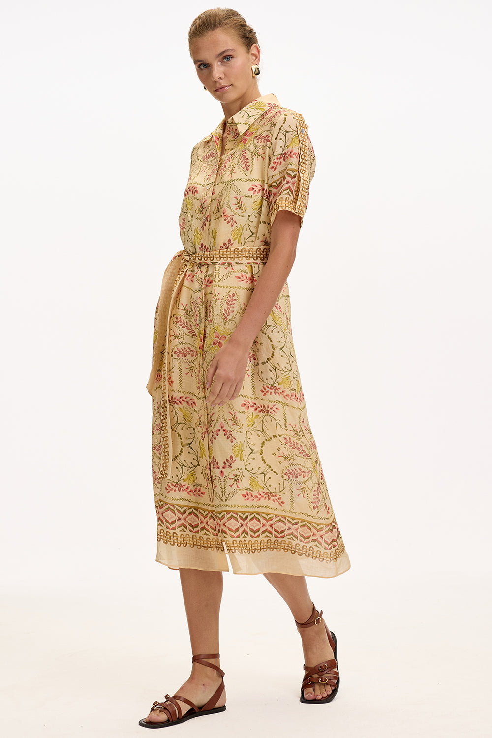 Shirt Short Sleeve Belted Midi Dress - MULTI COLOR