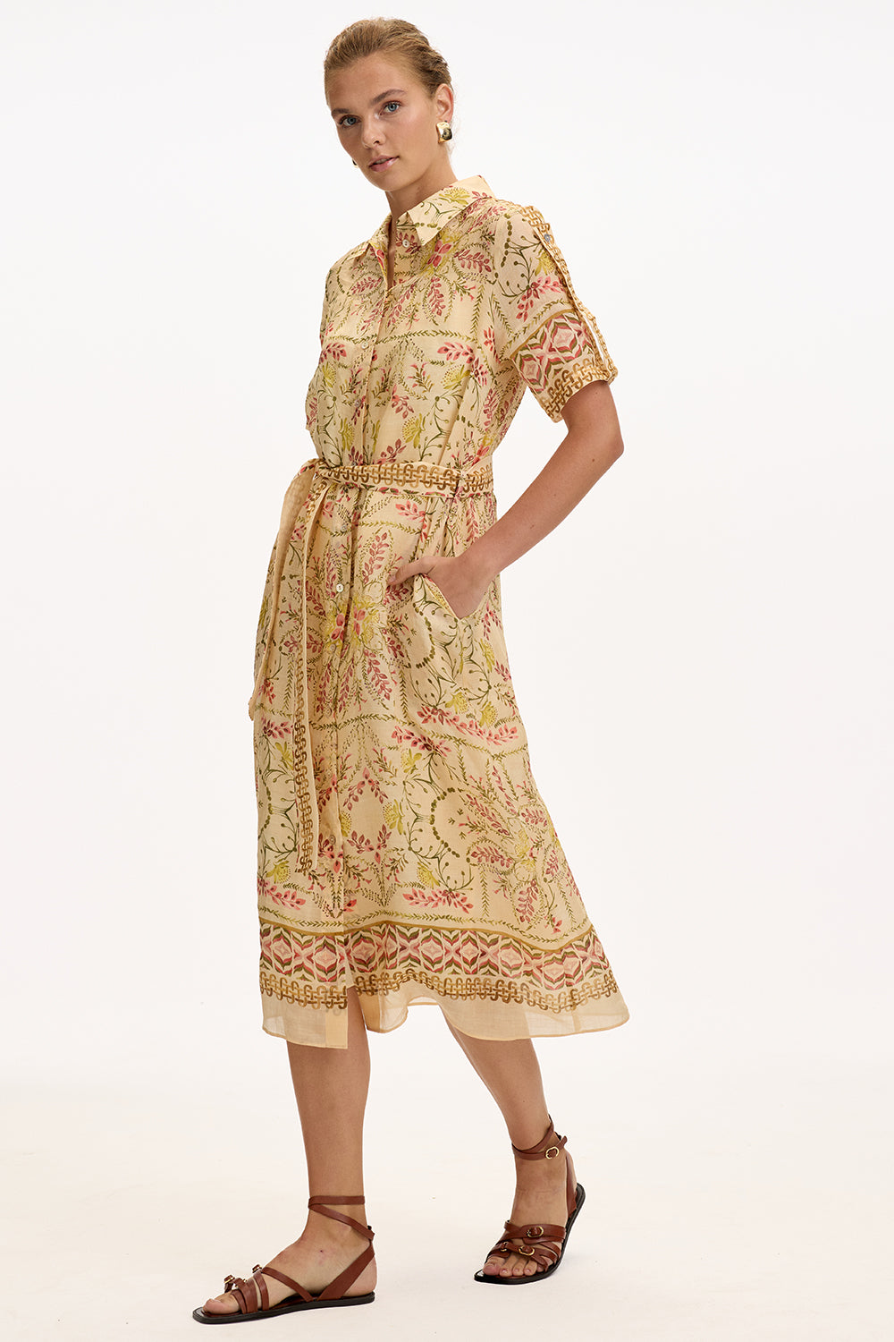 Shirt Short Sleeve Belted Midi Dress - MULTI COLOR