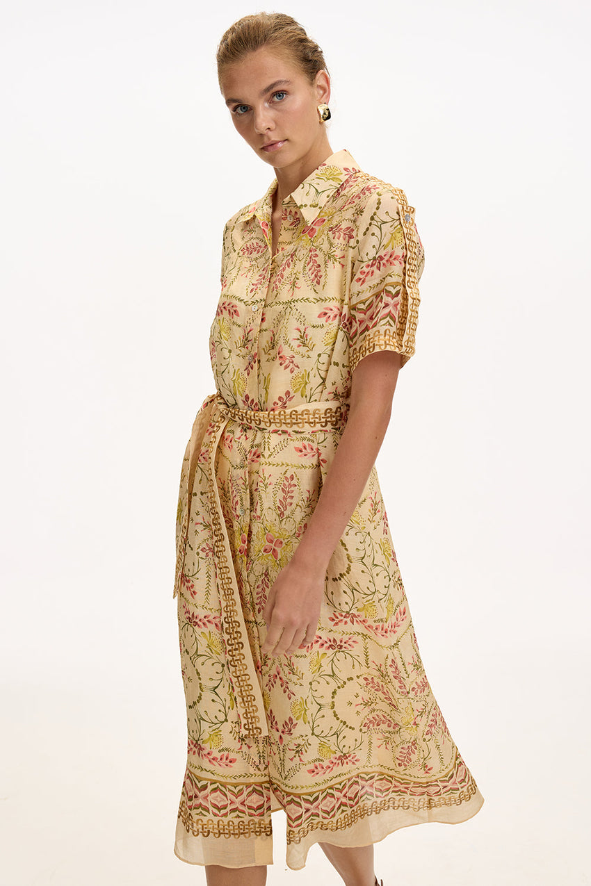 Shirt Short Sleeve Belted Midi Dress - MULTI COLOR