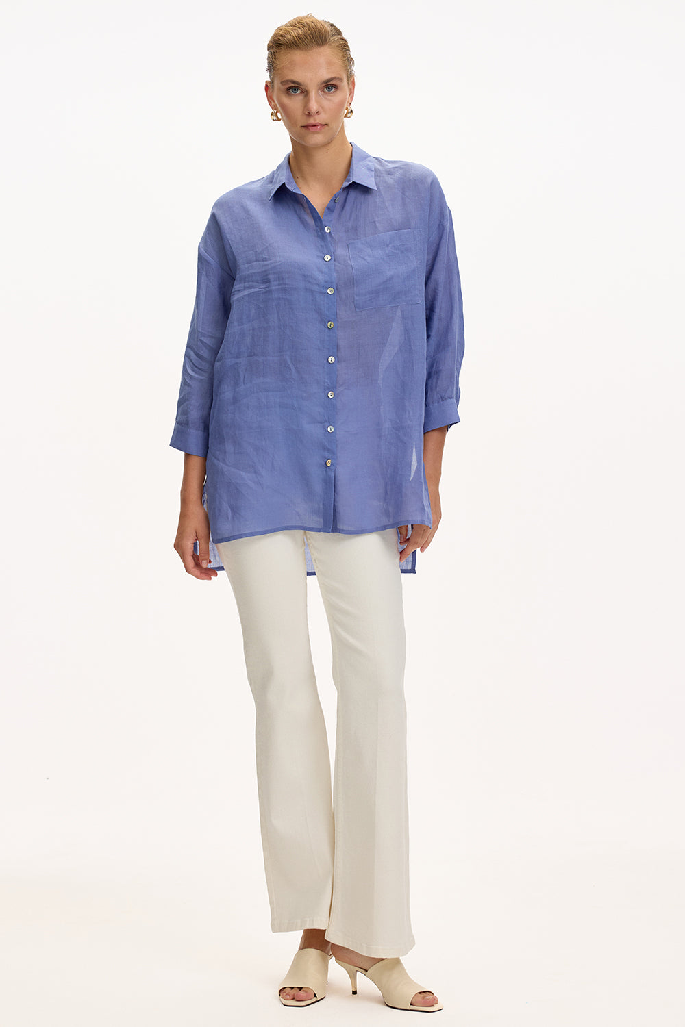 Shirt Collar Long Sleeve Linen Shirt  - SAX
