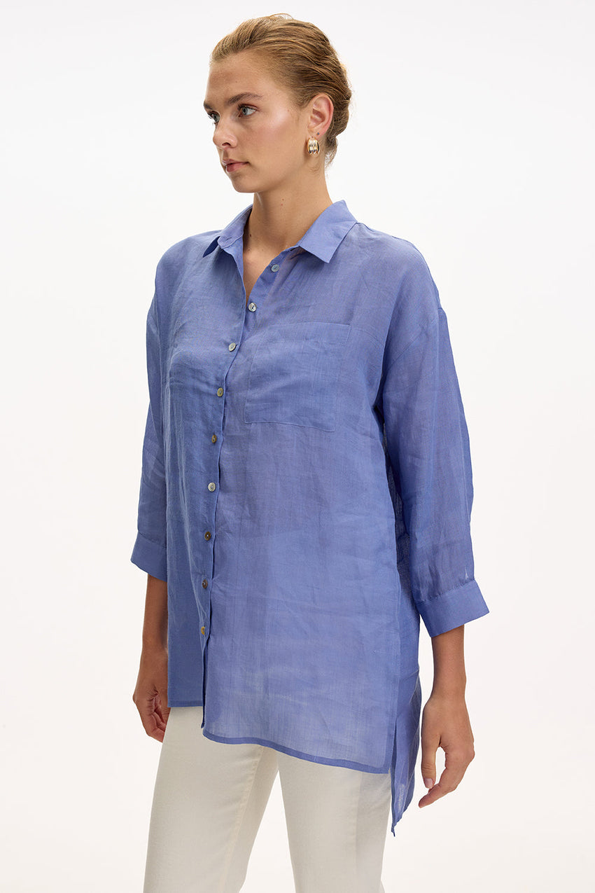 Shirt Collar Long Sleeve Linen Shirt  - SAX