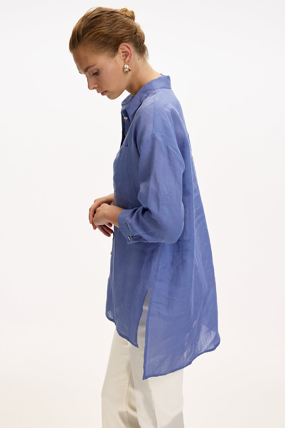 Shirt Collar Long Sleeve Linen Shirt  - SAX