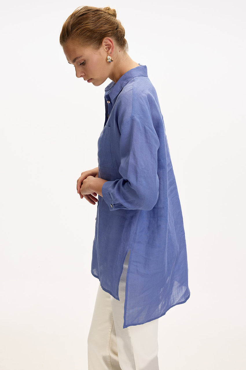 Shirt Collar Long Sleeve Linen Shirt  - SAX