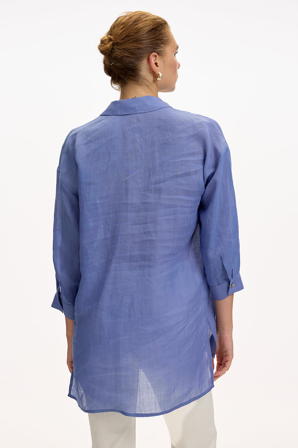 Shirt Collar Long Sleeve Linen Shirt  - SAX