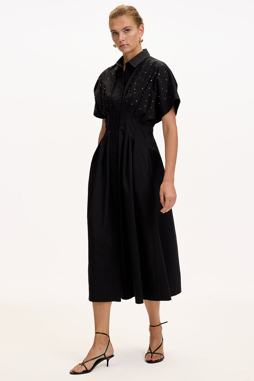 Patterned Regular Fit Midi Dress with Dropped Shoulders, Fitted Waist, and Stone Embellishments