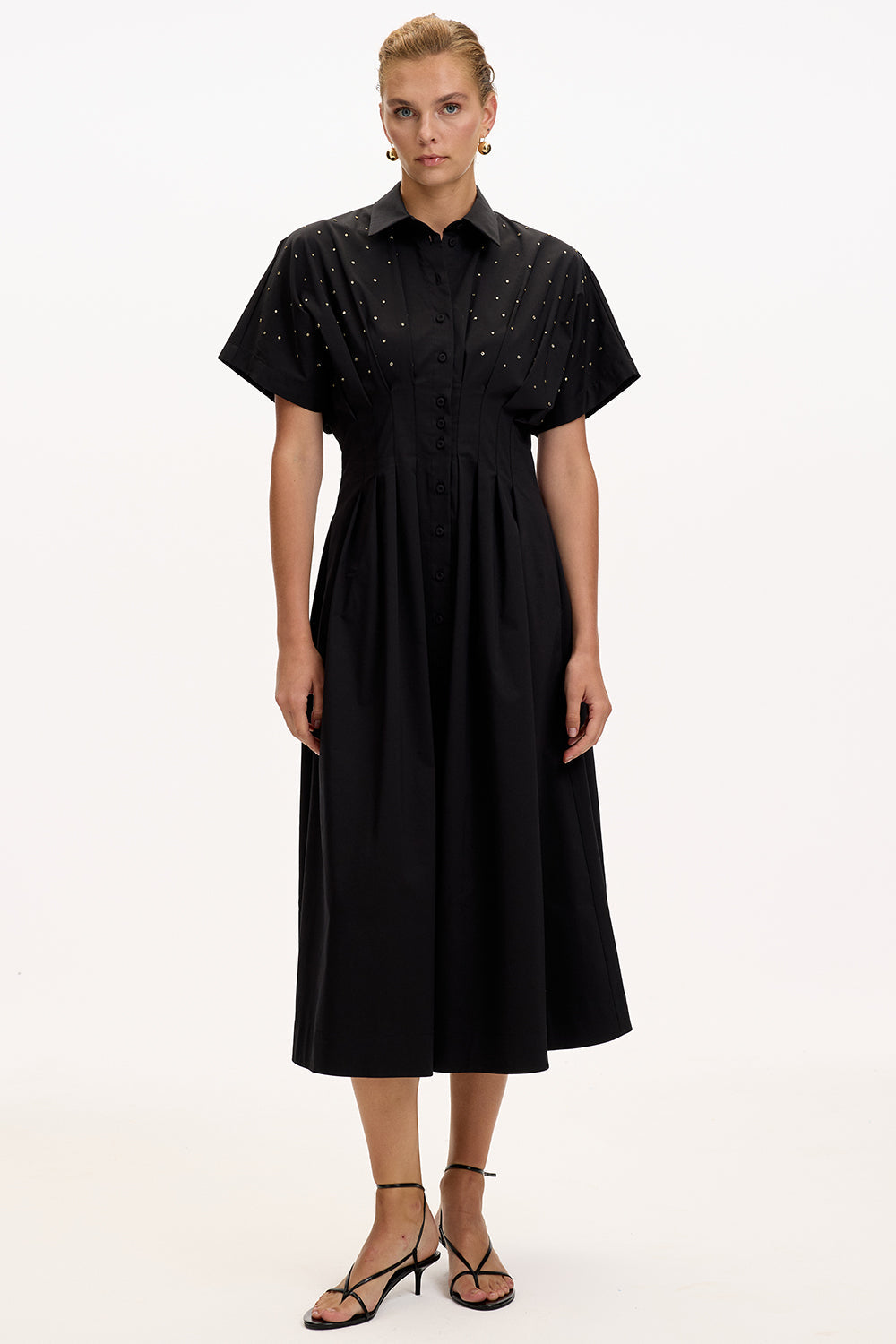 Patterned Regular Fit Midi Dress with Dropped Shoulders, Fitted Waist, and Stone Embellishments