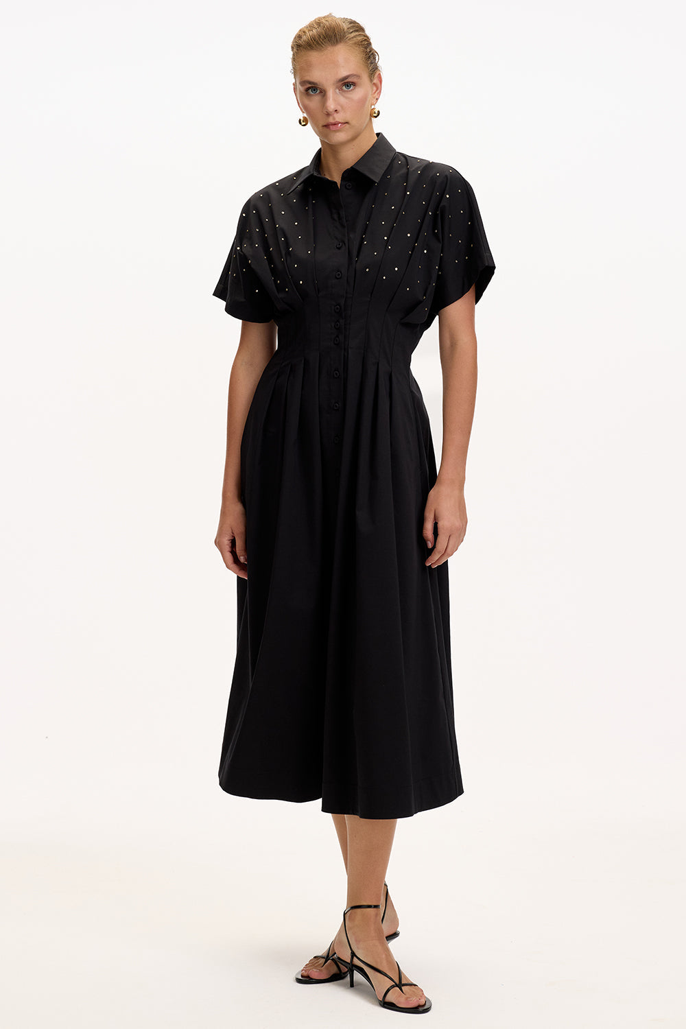 Patterned Regular Fit Midi Dress with Dropped Shoulders, Fitted Waist, and Stone Embellishments