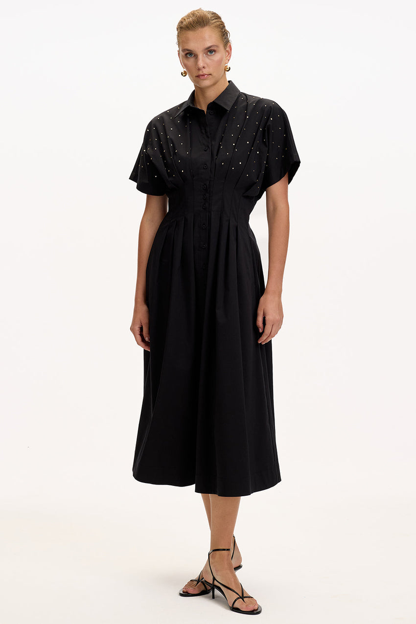 Patterned Regular Fit Midi Dress with Dropped Shoulders, Fitted Waist, and Stone Embellishments