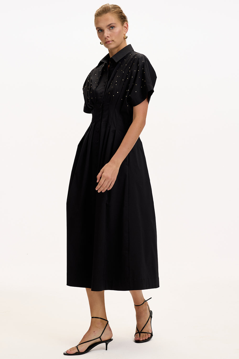 Patterned Regular Fit Midi Dress with Dropped Shoulders, Fitted Waist, and Stone Embellishments