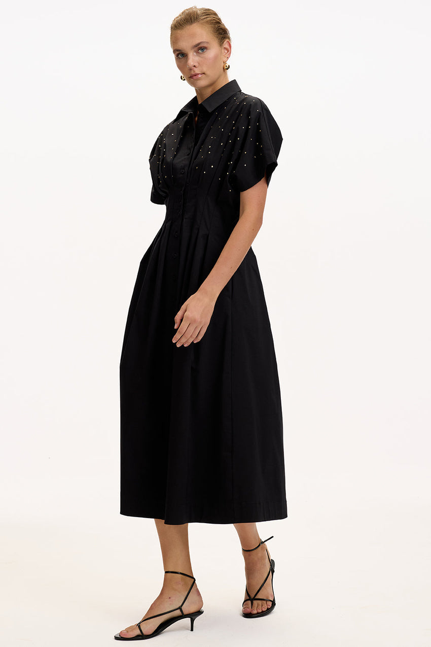 Patterned Regular Fit Midi Dress with Dropped Shoulders, Fitted Waist, and Stone Embellishments