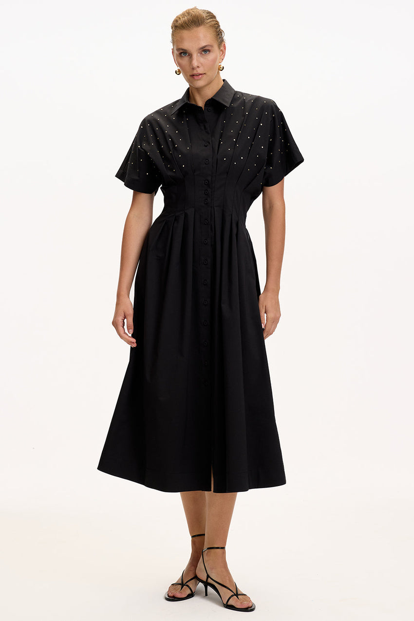 Patterned Regular Fit Midi Dress with Dropped Shoulders, Fitted Waist, and Stone Embellishments