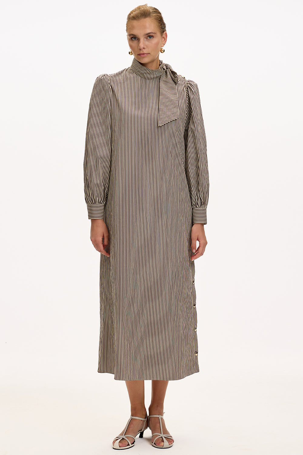 Brown Beige Striped Regular Fit Midi Dress with Long Sleeves, High Neck, and Belt