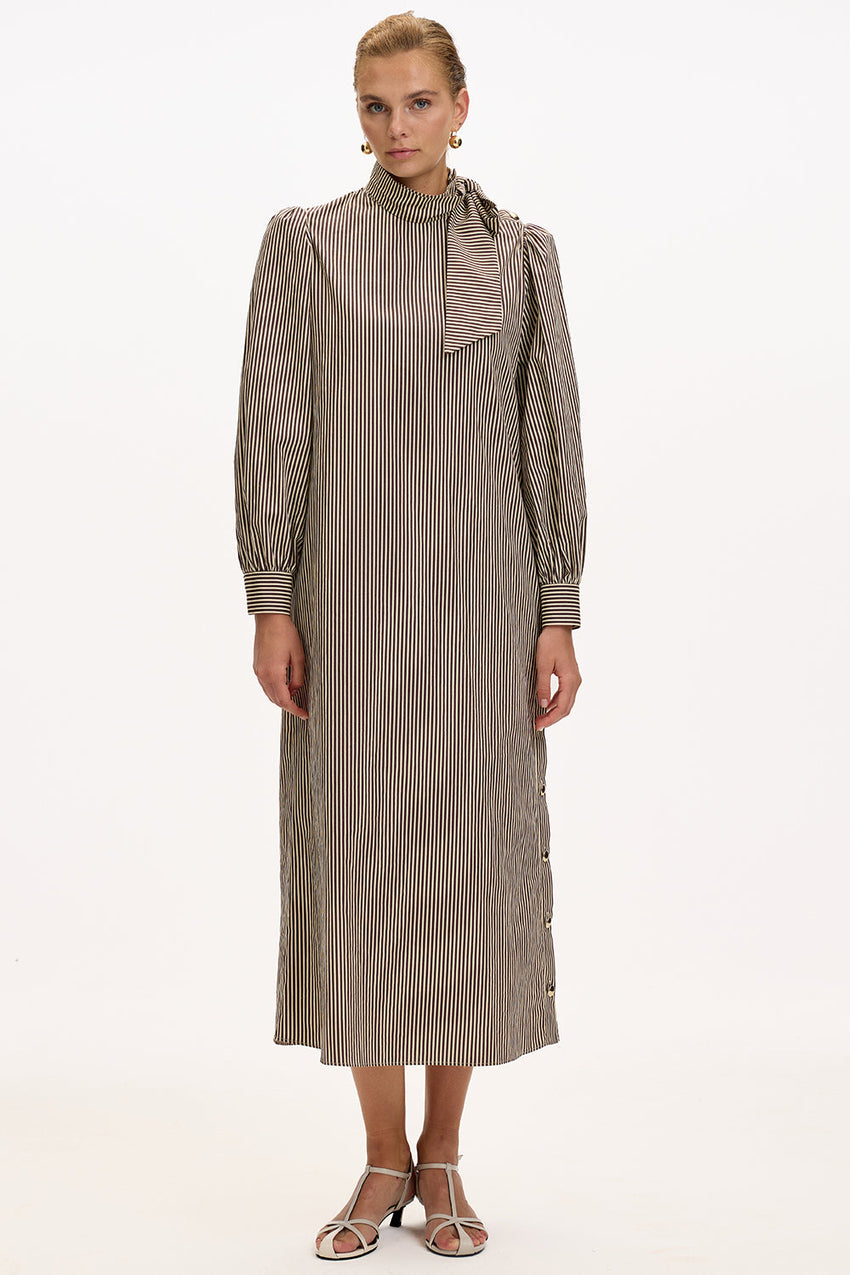 Brown Beige Striped Regular Fit Midi Dress with Long Sleeves, High Neck, and Belt