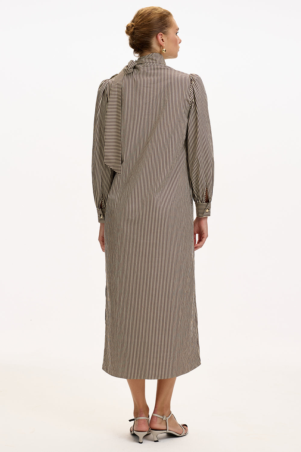 Brown Beige Striped Regular Fit Midi Dress with Long Sleeves, High Neck, and Belt