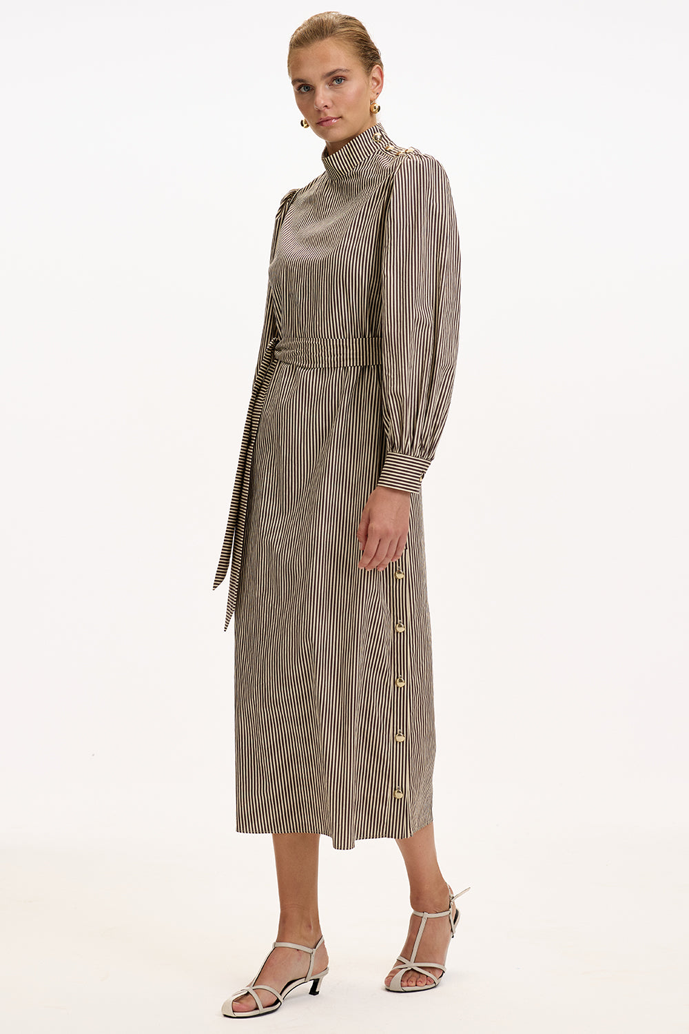 Brown Beige Striped Regular Fit Midi Dress with Long Sleeves, High Neck, and Belt