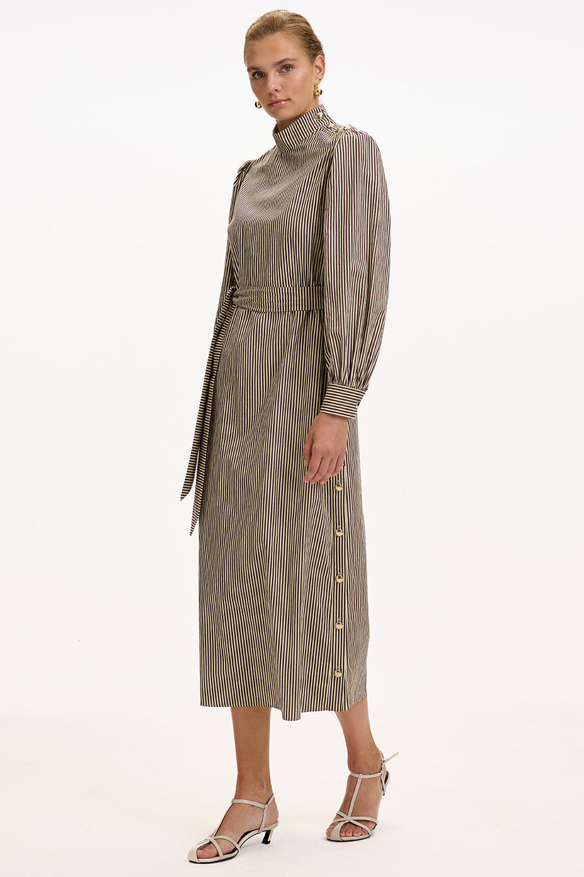 Brown Beige Striped Regular Fit Midi Dress with Long Sleeves, High Neck, and Belt