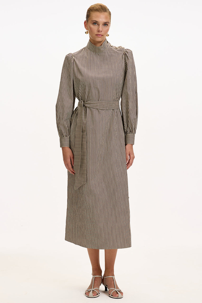 Brown Beige Striped Regular Fit Midi Dress with Long Sleeves, High Neck, and Belt