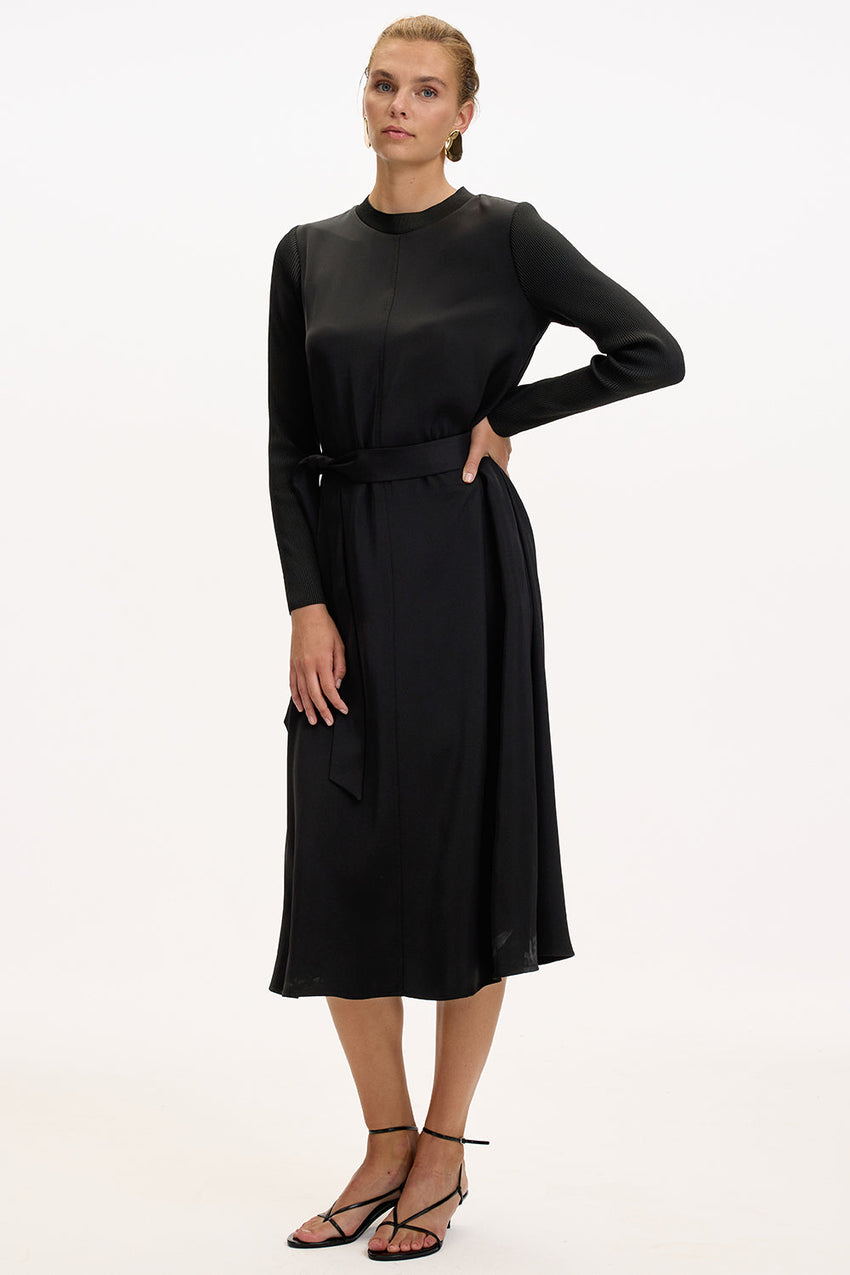 Black Regular Fit Midi Dress with Crew Neck, Long Sleeves, and Waist Tie