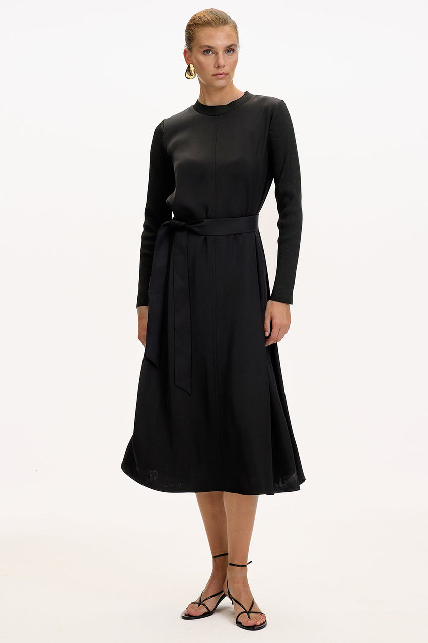 Black Regular Fit Midi Dress with Crew Neck, Long Sleeves, and Waist Tie