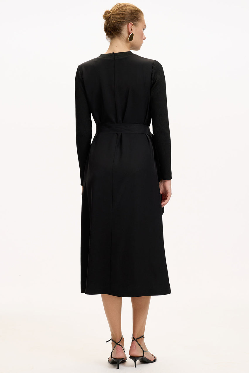 Black Regular Fit Midi Dress with Crew Neck, Long Sleeves, and Waist Tie