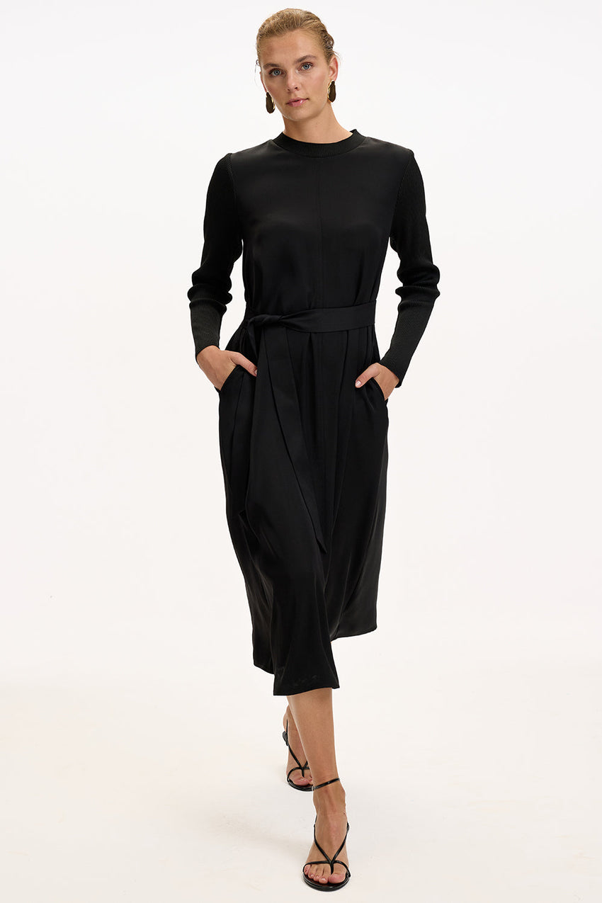 Black Regular Fit Midi Dress with Crew Neck, Long Sleeves, and Waist Tie