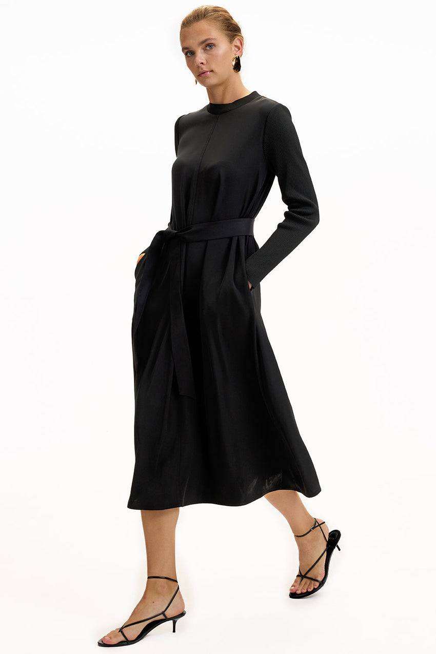 Black Regular Fit Midi Dress with Crew Neck, Long Sleeves, and Waist Tie