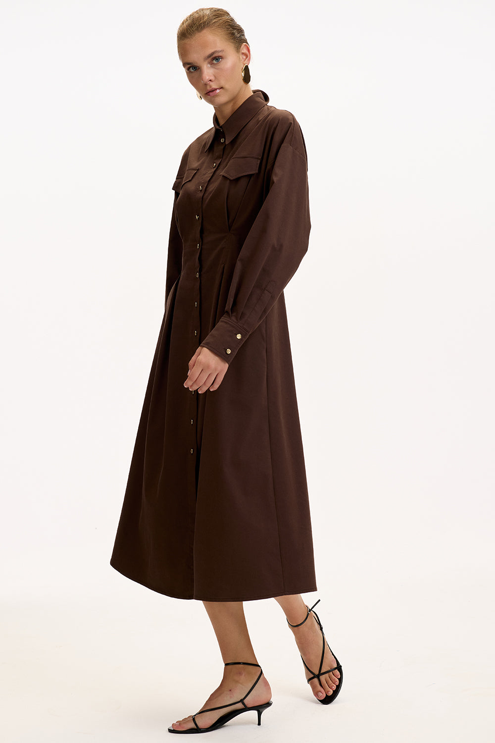 Brown Regular Fit Midi Dress with Shirt Collar, Long Sleeves, Buttons, and Pockets