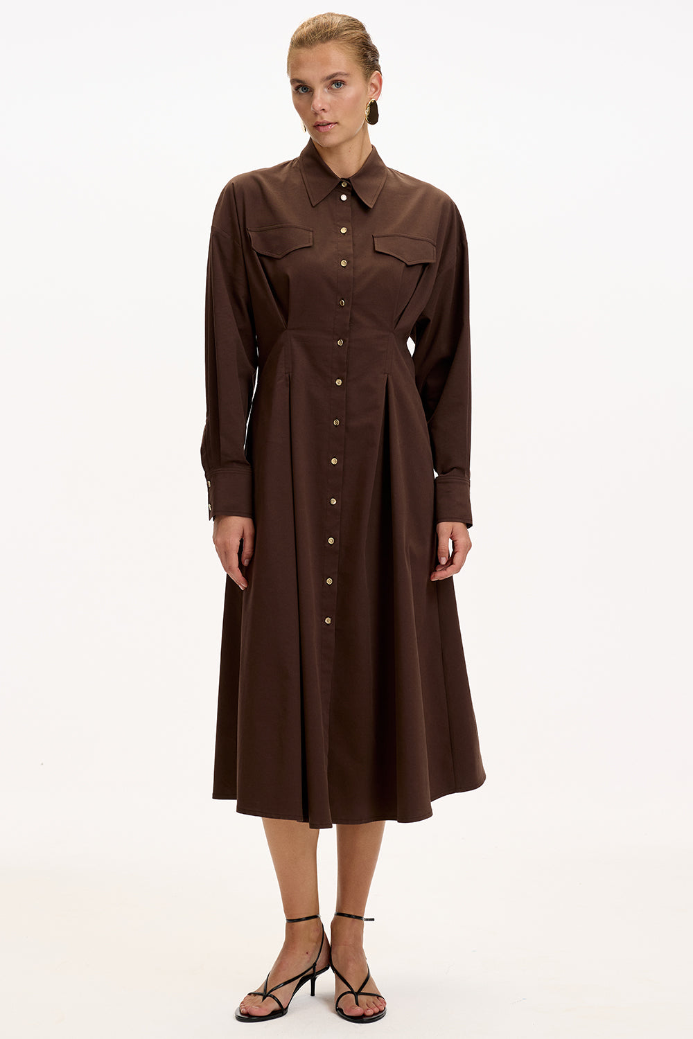 Brown Regular Fit Midi Dress with Shirt Collar, Long Sleeves, Buttons, and Pockets